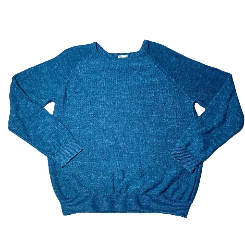 LL Bean Sweater Mens XL Blue Organic Cotton Crewneck Knit Raglan Pullover 510586